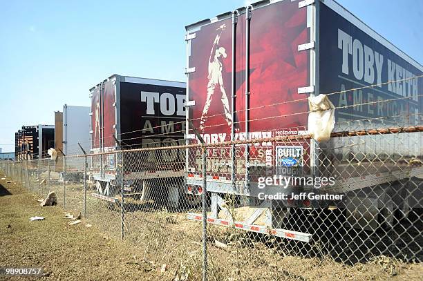 Flooded tour trucks belonging to country artist Toby Keith and Rascal Flatts sit outside the city's largest musician equiptment storage faciltiy,...