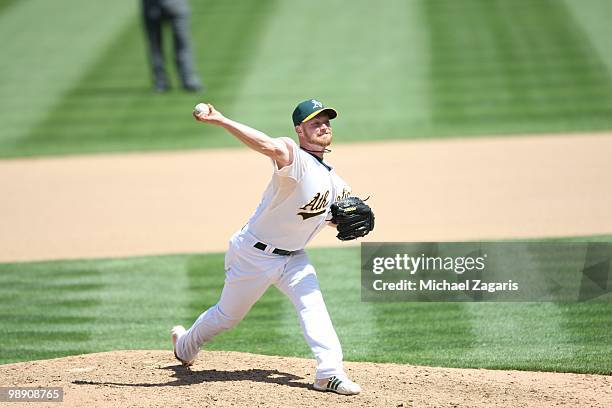 Chad Gaudin of the Oakland Athletics pitching during the game against the Cleveland Indians at the Oakland Coliseum on April 24, 2010 in Oakland,...
