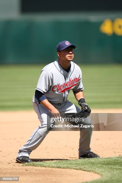 Jhonny Peralta of the Cleveland Indians fielding during the game against the Oakland Athletics at the Oakland Coliseum on April 24, 2010 in Oakland,...