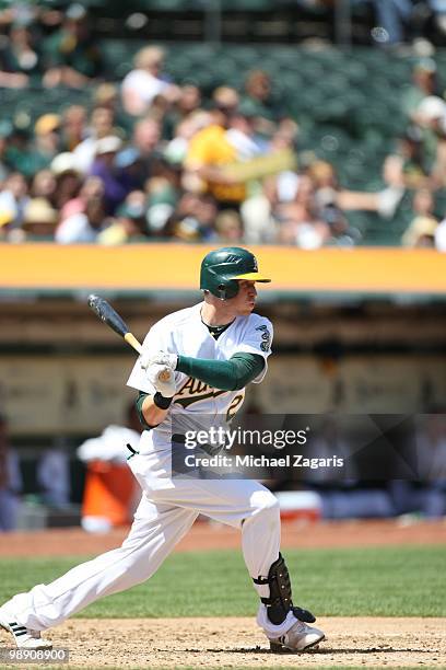 Ryan Sweeney of the Oakland Athletics hitting during the game against the Cleveland Indians at the Oakland Coliseum on April 24, 2010 in Oakland,...