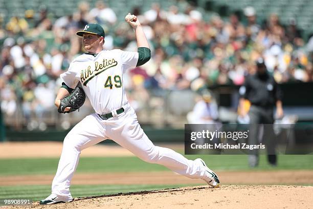 Brett Anderson of the Oakland Athletics pitching during the game against the Cleveland Indians at the Oakland Coliseum on April 24, 2010 in Oakland,...