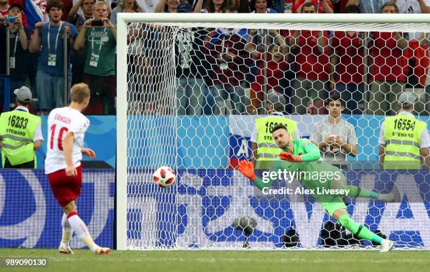 Danijel Subasic of Croatia saves the first penalty from Christian Eriksen of Denmark in the penalty shoot out during the 2018 FIFA World Cup Russia...