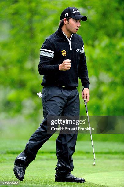 Pablo Larrazabal of Spain celebrates his putt on the 11th hole during the second round of the BMW Italian Open at Royal Park I Roveri on May 7, 2010...