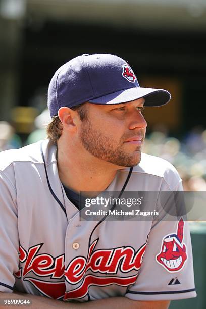 Jake Westbrook of the Cleveland Indians standing at the dugout prior to the game against the Oakland Athletics at the Oakland Coliseum on April 25,...