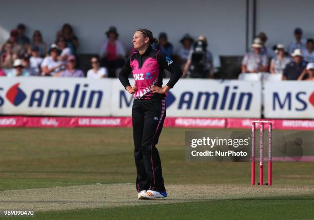 During International Twenty20 Final match between England Women and New Zealand Women at The Cloudfm County Ground, Chelmsford, England on 01 July...