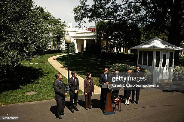 President Barack Obama delivers remarks with members of his economics team National Economic Council Director Lawrence Summers, Treasury Secretary...