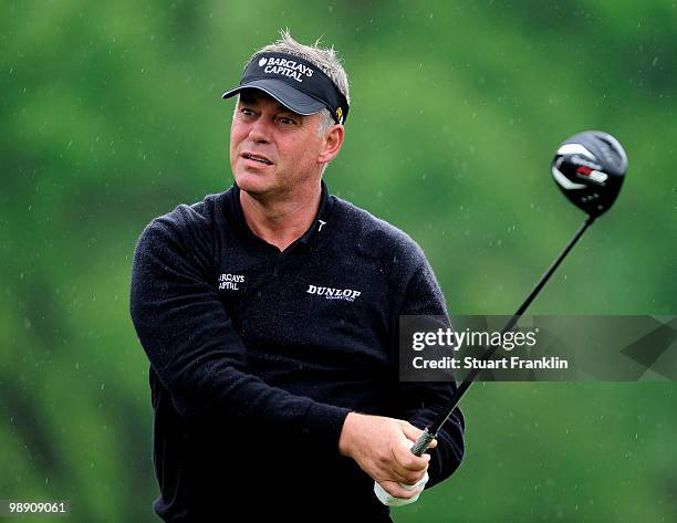 Darren Clarke of Northern Ireland plays his tee shot on the 16th hole during the second round of the BMW Italian Open at Royal Park I Roveri on May...