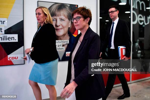 Secretary General of the Christian Democratic Union Annegret Kramp-Karrenbauer arrives to deliver a statement after a party leadership meeting at the...