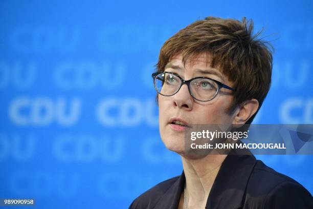 Secretary General of the Christian Democratic Union Annegret Kramp-Karrenbauer delivers a statement after a party leadership meeting at the CDU...