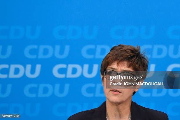 Secretary General of the Christian Democratic Union Annegret Kramp-Karrenbauer delivers a statement after a party leadership meeting at the CDU...