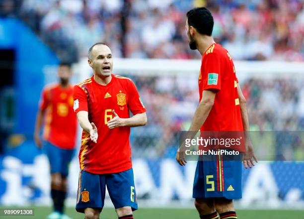 Round of 16 Russia v Spain - FIFA World Cup Russia 2018 Andres Iniesta and Sergi Busquets at Luzhniki Stadium in Moscow, Russia on July 1, 2018.
