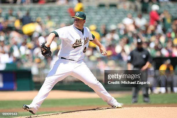 Brett Anderson of the Oakland Athletics pitching during the game against the Cleveland Indians at the Oakland Coliseum on April 24, 2010 in Oakland,...