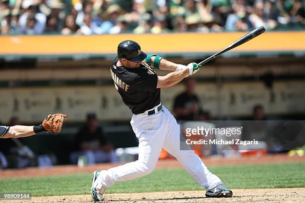 Kevin Kouzmanoff of the Oakland Athletics hitting during the game against the Cleveland Indians at the Oakland Coliseum on April 25, 2010 in Oakland,...