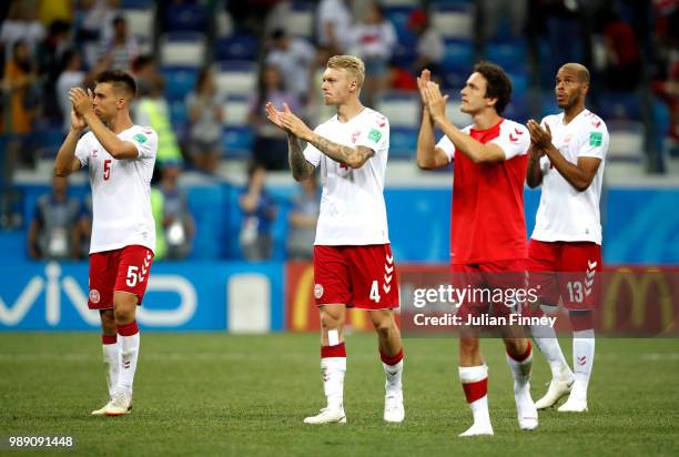 Denmark players applaud fans after the 2018 FIFA World Cup Russia Round of 16 match between Croatia and Denmark at Nizhny Novgorod Stadium on July 1,...
