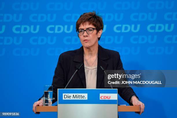 Secretary General of the Christian Democratic Union Annegret Kramp-Karrenbauer delivers a statement after a party leadership meeting at the CDU...