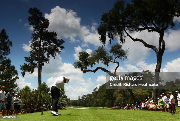 Lee Westwood of England hits his tee shot on the sixth hole during the second round of THE PLAYERS Championship held at THE PLAYERS Stadium course at...