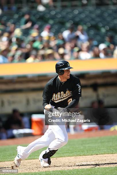 Ryan Sweeney of the Oakland Athletics hitting during the game against the Cleveland Indians at the Oakland Coliseum on April 25, 2010 in Oakland,...