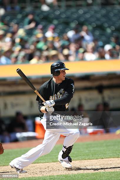 Ryan Sweeney of the Oakland Athletics hitting during the game against the Cleveland Indians at the Oakland Coliseum on April 25, 2010 in Oakland,...