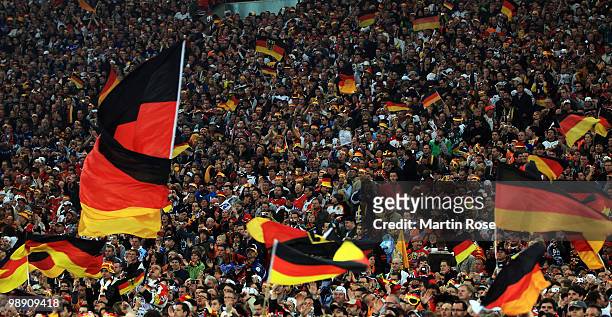 General view of the German supporters is seen during the IIHF World Championship group D match between USA and Germany at Veltins Arena on May 7,...