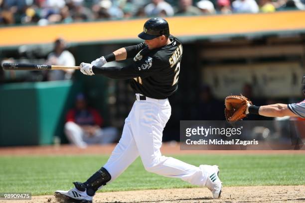 Ryan Sweeney of the Oakland Athletics hitting during the game against the Cleveland Indians at the Oakland Coliseum on April 25, 2010 in Oakland,...