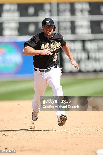 Kevin Kouzmanoff of the Oakland Athletics running the bases during the game against the Cleveland Indians at the Oakland Coliseum on April 25, 2010...