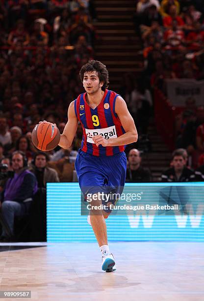 Ricky Rubio, #9 of Regal FC Barcelona in action during the Euroleague Basketball Semi Final 1 between Regal FC Barcelona and CSKA Moscow at Bercy...