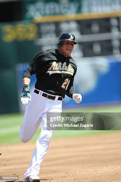 Ryan Sweeney of the Oakland Athletics running the bases during the game against the Cleveland Indians at the Oakland Coliseum on April 25, 2010 in...