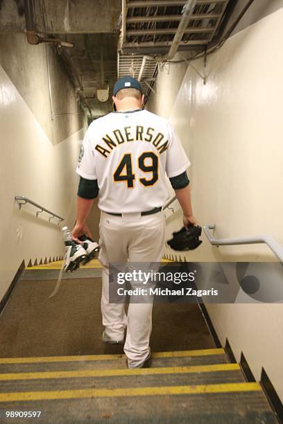 Brett Anderson of the Oakland Athletics going to warmup prior to the game against the Cleveland Indians at the Oakland Coliseum on April 24, 2010 in...