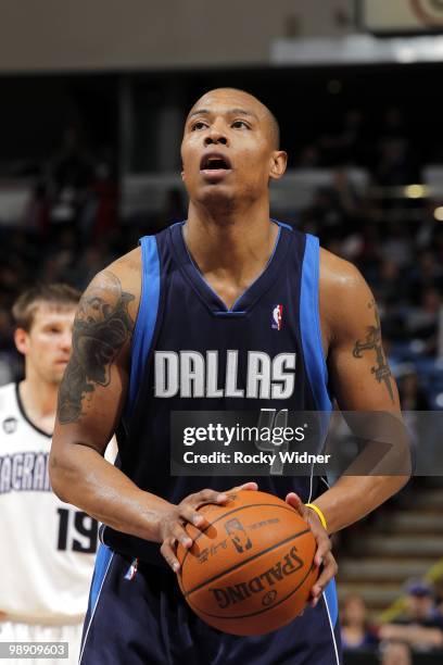 Caron Butler of the Dallas Mavericks shoots a free throw during the game against the Sacramento Kings at Arco Arena on April 10, 2010 in Sacramento,...