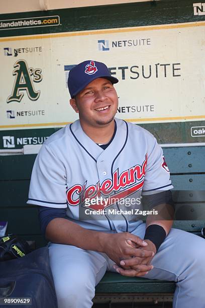 Jhonny Peralta of the Cleveland Indians sitting in the dugout prior to the game against the Oakland Athletics at the Oakland Coliseum on April 24,...