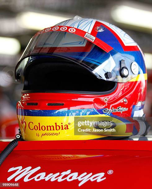 The helmet of Juan Pablo Montoya ,, sits on top the Target Chevrolet during practice for the NASCAR Sprint Cup Series SHOWTIME Southern 500 at...