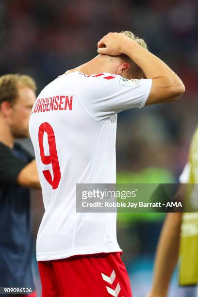 Nicolai Jorgensen of Denmark looks dejected after his team lost a penalty shootout during the 2018 FIFA World Cup Russia Round of 16 match between...