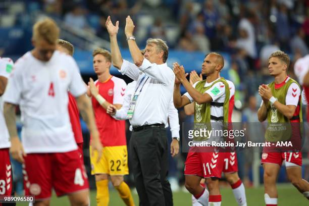 Age Hareide head coach / manager of Denmark applauds the fans after his team lost a penalty shootout during the 2018 FIFA World Cup Russia Round of...
