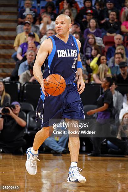 Jason Kidd of the Dallas Mavericks moes the ball up court during the game against the Sacramento Kings at Arco Arena on April 10, 2010 in Sacramento,...