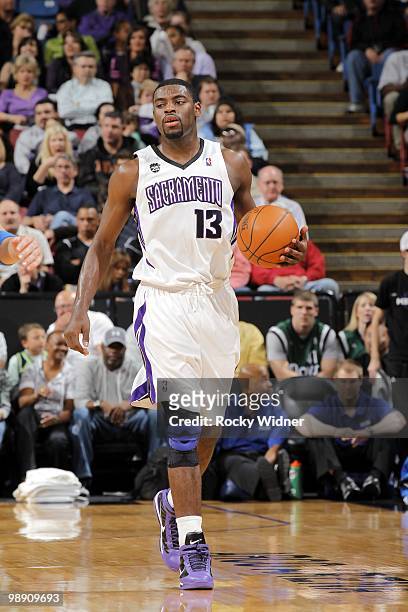 Tyreke Evans of the Sacramento Kings moves the ball up court during the game against the Dallas Mavericks at Arco Arena on April 10, 2010 in...