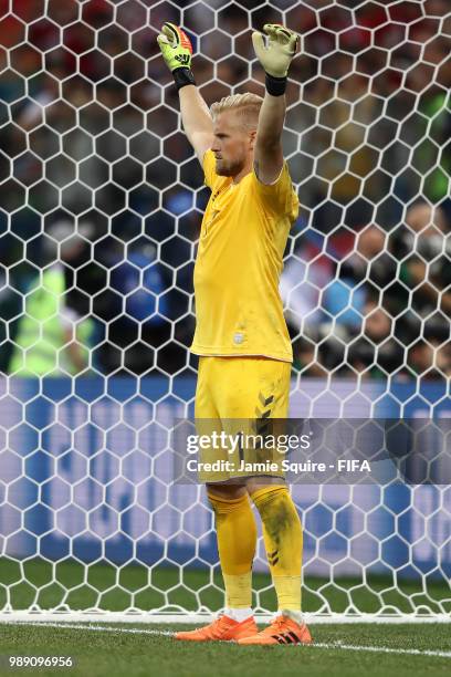 Kasper Schmeichel of Denmark prepares for a penalty during the 2018 FIFA World Cup Russia Round of 16 match between Croatia and Denmark at Nizhny...