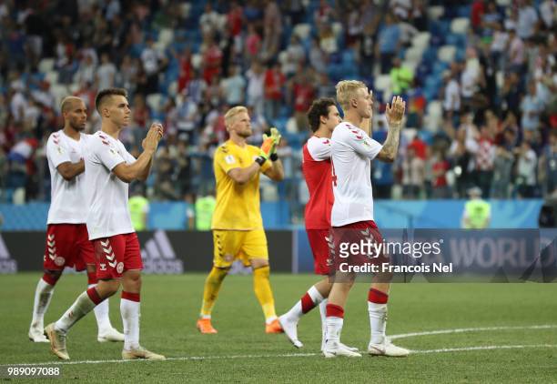 Players of Denmark acknowledges the fans following the 2018 FIFA World Cup Russia Round of 16 match between Croatia and Denmark at Nizhny Novgorod...