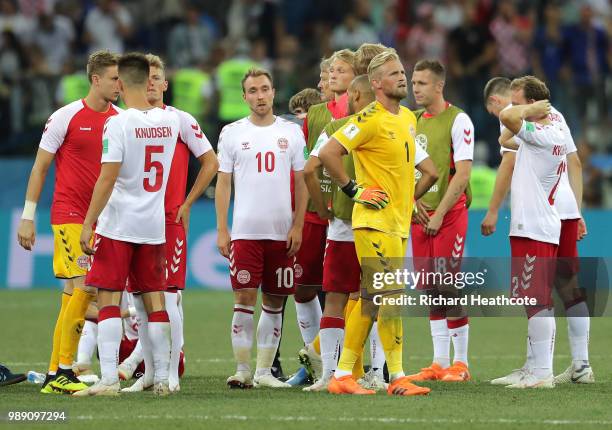 Denmark players show their dejection following the 2018 FIFA World Cup Russia Round of 16 match between Croatia and Denmark at Nizhny Novgorod...