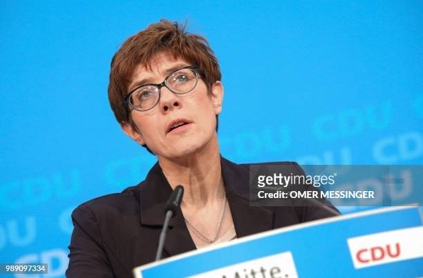 Secretary General of the Christian Democratic Union Annegret Kramp-Karrenbauer delivers a statement after a party leadership meeting at the CDU...