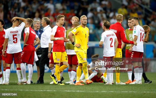 Denmark players show their dejection following the 2018 FIFA World Cup Russia Round of 16 match between Croatia and Denmark at Nizhny Novgorod...