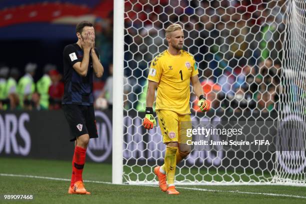 Milan Badelj of Croatia reacts after Kasper Schmeichel of Denmark saved the first penalty from Milan Badelj in the penalty shoot out during the 2018...