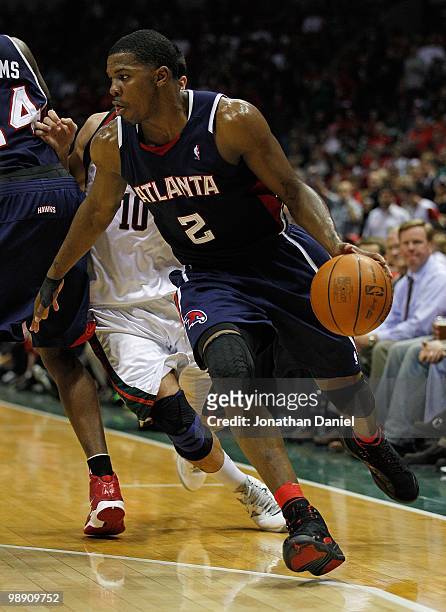Joe Johnson of the Atlanta Hawks drives against the Milwaukee Bucks in Game Six of the Eastern Conference Quarterfinals during the 2010 NBA Playoffs...