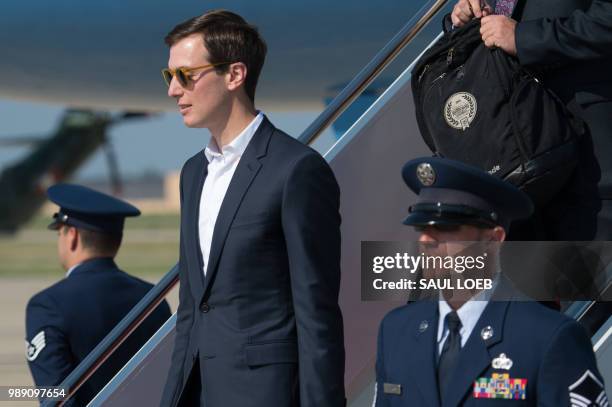 Senior White House adviser Jared Kushner disembarks from Air Force One upon arrival at Joint Base Andrews in Maryland, July 1 following a weekend...