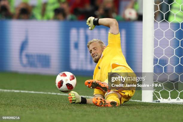 Kasper Schmeichel of Denmark saves the first penalty from Milan Badelj of Croatia in the penalty shoot out during the 2018 FIFA World Cup Russia...