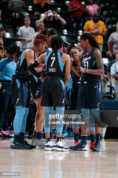 The Indiana Fever huddle before the game against the Atlanta Dream on July 1, 2018 at Bankers Life Fieldhouse in Indianapolis, Indiana. NOTE TO USER:...