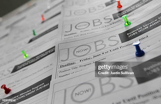 Job listings are posted on a bulletin board at the Career Link Center One Stop job center May 7, 2010 in San Francisco, California. A report by the...