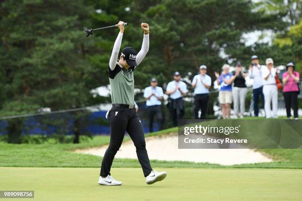 Sung Hyun Park of Korea reacts on the second playoff hole after winning the 2018 KPMG Women's PGA Championship at Kemper Lakes Golf Club on July 1,...