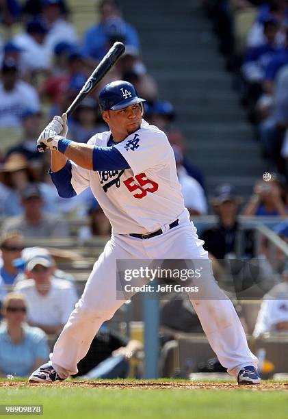 Russell Martin of the Los Angeles Dodgers bats against the San Francisco Giants at Dodger Stadium on April 18, 2010 in Los Angeles, California. The...