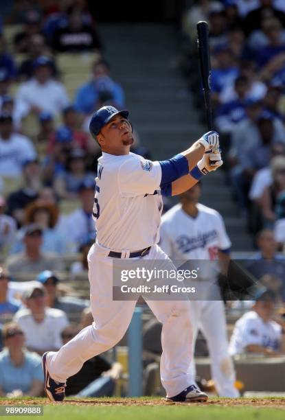 Russell Martin of the Los Angeles Dodgers bats against the San Francisco Giants at Dodger Stadium on April 18, 2010 in Los Angeles, California. The...