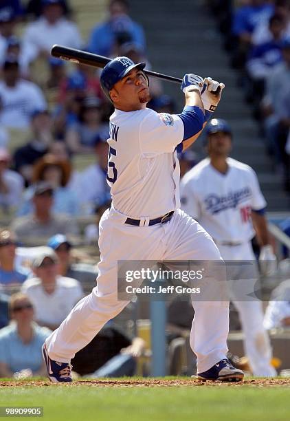 Russell Martin of the Los Angeles Dodgers bats against the San Francisco Giants at Dodger Stadium on April 18, 2010 in Los Angeles, California. The...